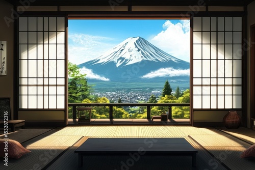Japanese interior showcasing a stunning view of Mt Fuji in a serene setting, Japanese interior with Mt Fuji view, background