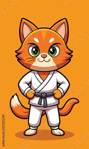 Adorable cartoon cat wearing martial arts uniform ready for judo or karate practice