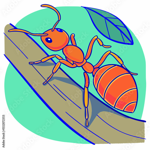 Cartoon ant climbing on a branch with a green background 