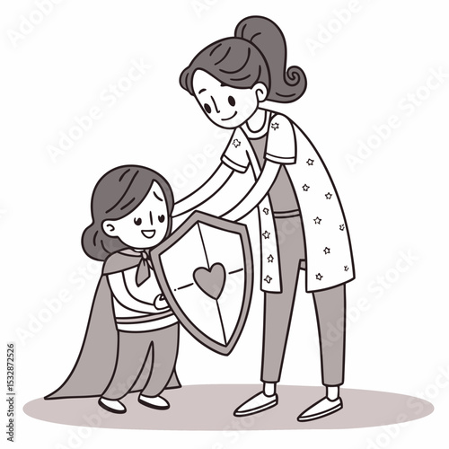 Illustration of a mother helping her child wear a superhero cape and shield, symbolizing protection and bravery