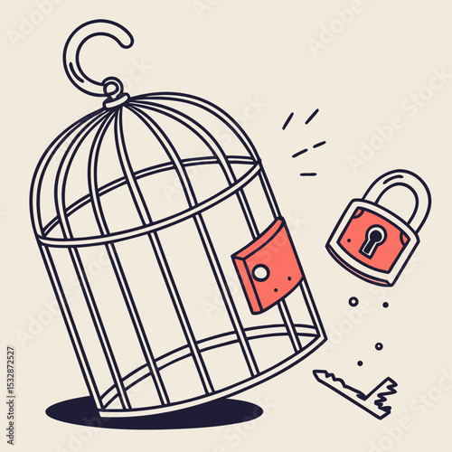 Illustration of an open birdcage with a key and unlocked padlock, symbolizing freedom and liberation