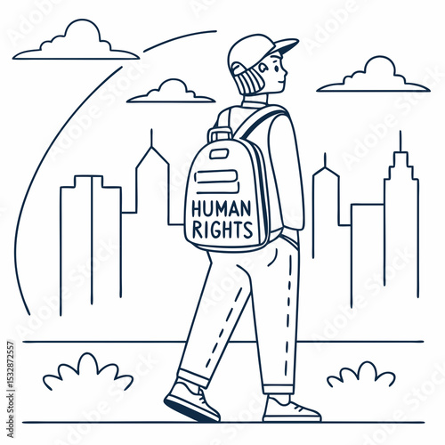 Illustration of a young person with a "Human Rights" backpack walking in an urban setting, symbolizing activism and awareness
