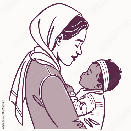 Mother with baby showing love and affection in a minimalist style