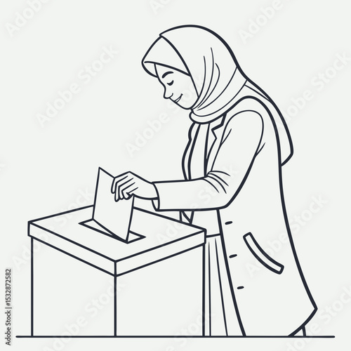 Muslim woman voting in a ballot box, illustrating civic engagement and empowerment