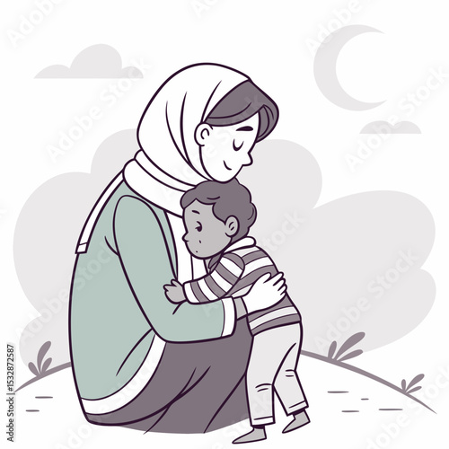 Illustration of a Muslim mother hugging her child, portraying love and family bond