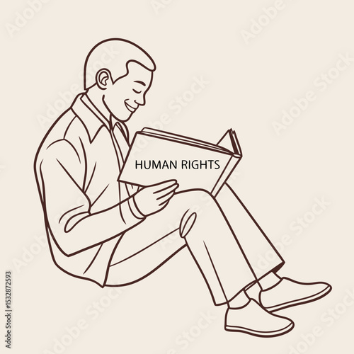 Illustration of a man reading a book titled "Human Rights," symbolizing awareness and education