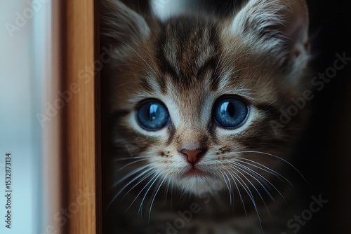 Curious kitten gazes out the window on a sunny afternoon, Kitten in window close up cinematic handheld