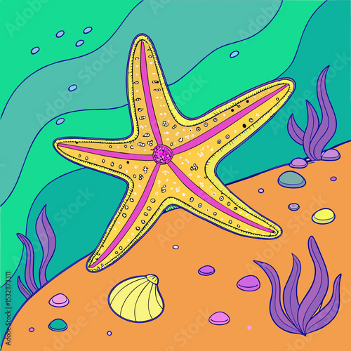 Cartoon starfish on the ocean floor with colorful sea plants 