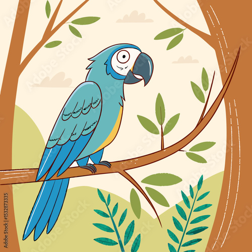 Cartoon parrot sitting on a branch in a colorful forest 