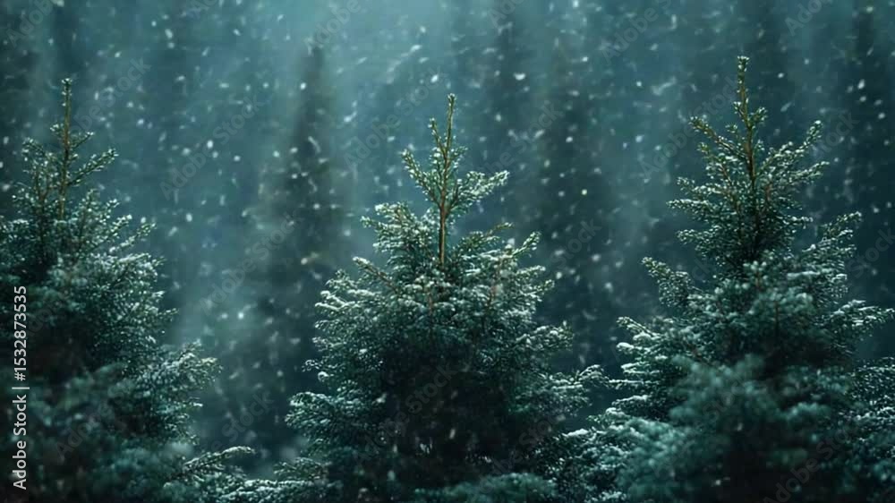 Winter's Embrace: A serene tableau of snow-laden evergreen trees, shrouded in a gentle snowfall, evoking the tranquility and wonder of the season.