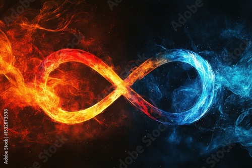 Vibrant abstract infinity sign created with fiery colors and smoke against a dark background, Abstract background with infinity sign