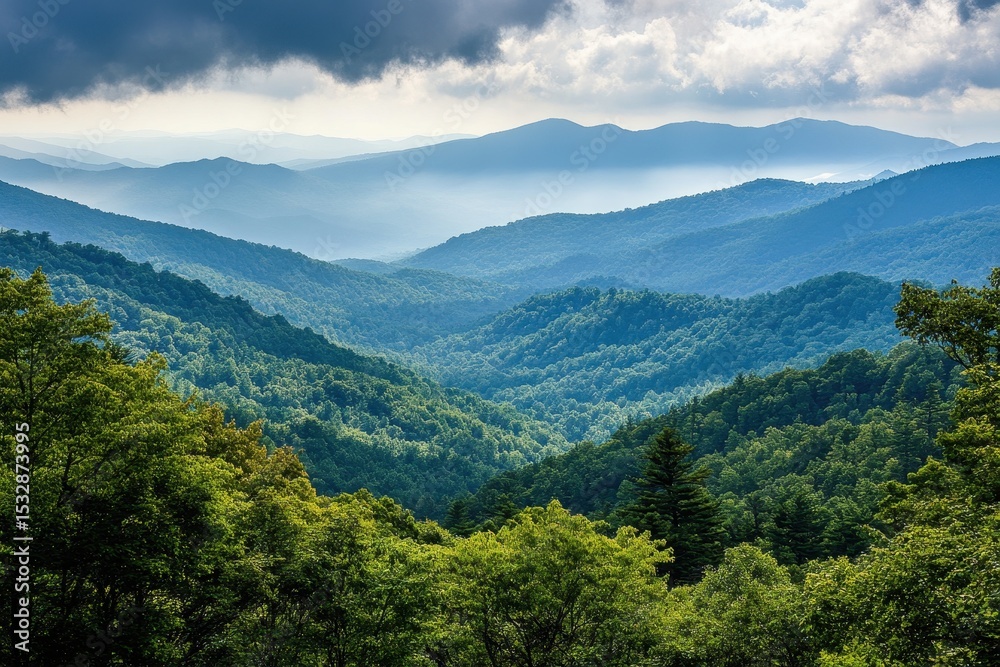 Fototapeta premium Stunning panoramic view of mountains with lush greenery and dramatic clouds over a serene landscape at dawn, view of the mountains