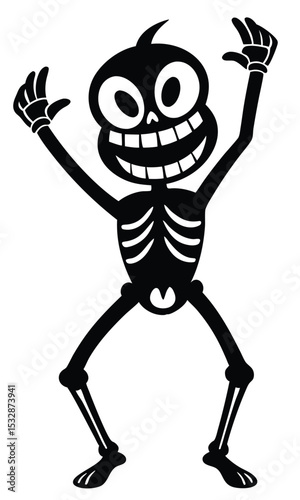 Black and white cartoon skeleton happily dancing with joyful expression and outstretched arms