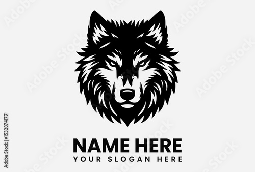 Intricate black silhouette vector logo of a fierce wolf head with detailed fur patterns and piercing eyes symbolizing wilderness power