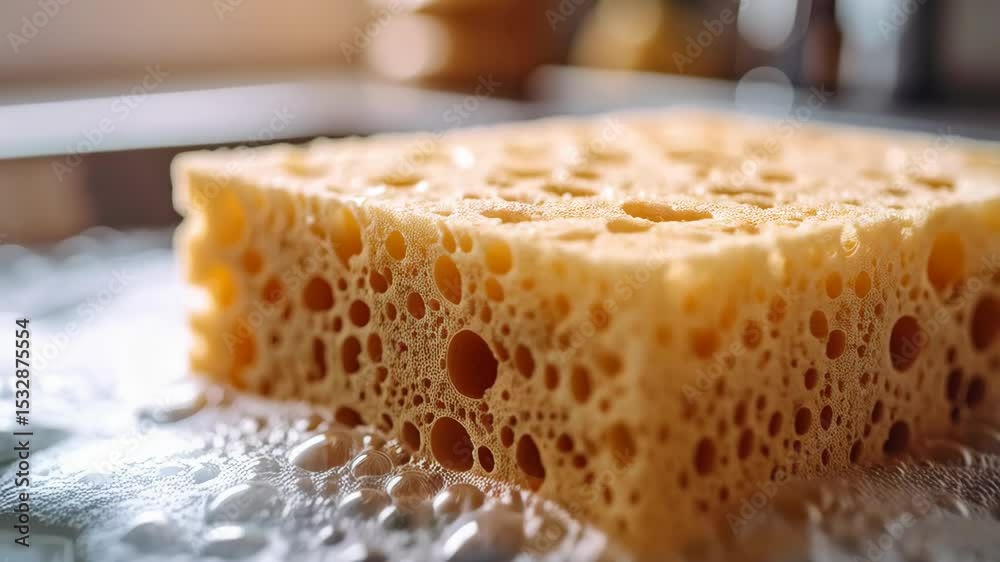 Porous yellow cellulose cleaning sponge, soaking in soapy bubbles, close-up detail shot in a well-lit domestic kitchen setting.