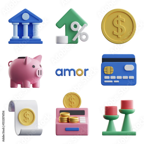 Financial planning 3d render with banking icons for investment and money management illustration asset