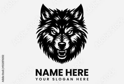 Intricate black silhouette vector logo of a fierce wolf head with detailed fur patterns and piercing eyes symbolizing wilderness power