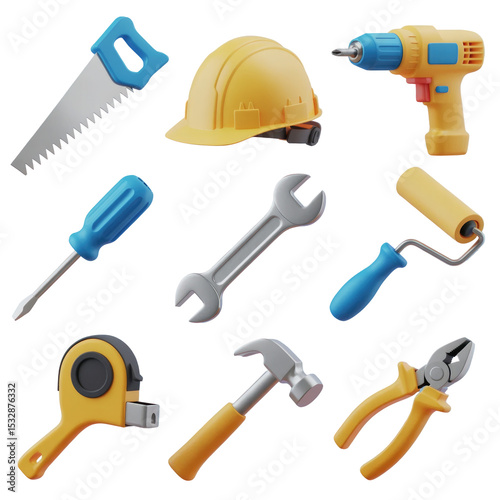 Construction tools set including hammer saw drill wrench and other equipment for building and repair work