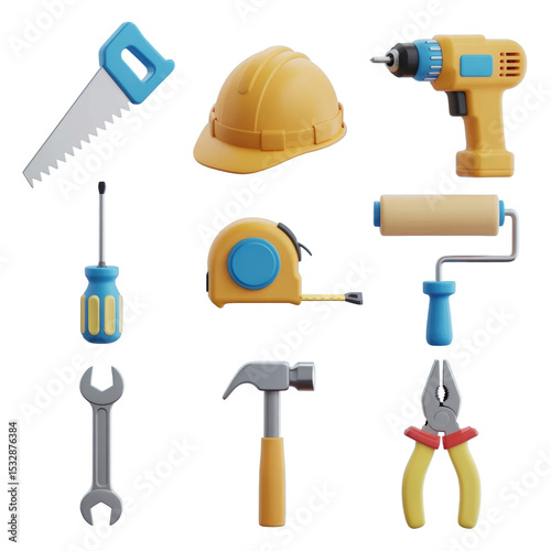 Stock image of construction tools set including hammer saw drill helmet wrench and other tools for home repair