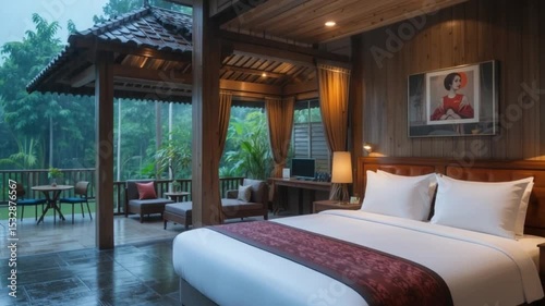 Cozy Wooden Bedroom Interior with Terrace in the Rain, Bali Resort Hotel
