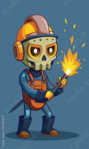 Cartoon illustration of a skull-headed welder holding a torch and ready for action