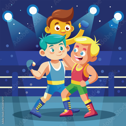 Cartoon illustration of three happy boxers celebrating victory inside the boxing ring