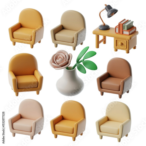 Pastel furniture collection: cute armchairs, desk, and vase for home decor and interior design ideas