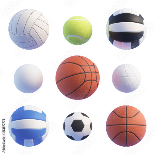 Assorted sports balls collection volleyball basketball soccer tennis equipment for games and recreation