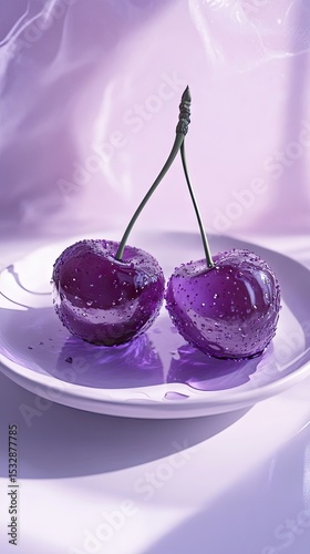 Two vibrant purple cherries on a plate, bathed in light