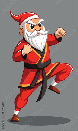 Cartoon santa claus in a karate martial arts pose demonstrating christmas spirit and action