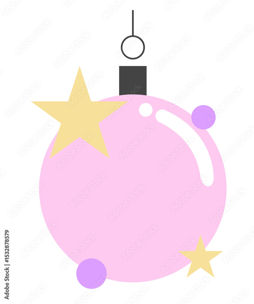 Obraz premium Pink ornament is hanging in flat design, black cap, stars and circles on transparent background