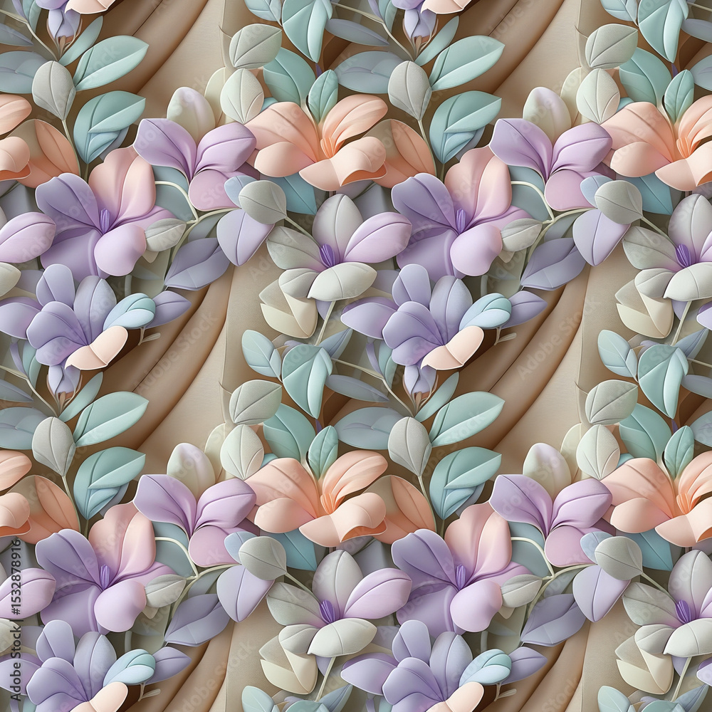 Obraz premium Pastel floral and geometric fabric pattern on warm cotton texture