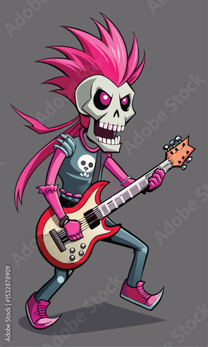Cartoon skeleton character with pink mohawk and electric guitar performing rock music