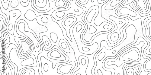 Abstract black and white contour line pattern illustrating topography or geographic features on a blank white background. the design has a seamless repeating element.