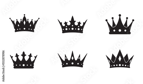 Set of black crown silhouettes on a white background royalty and kingdom theme vector illustration