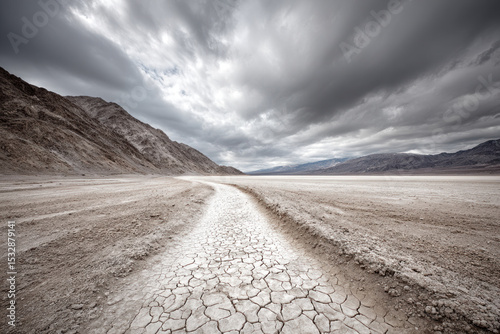 Cracked earth in a valley contrasts with mountains and a cloudy sky, offering a striking view