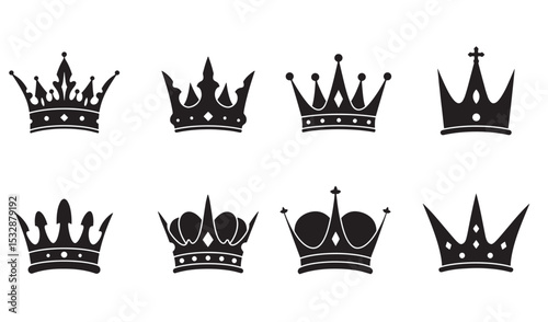 Eight stylized silhouette crowns in black perfect for royalty and heraldry designs