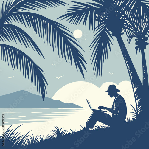 Silhouette of a digital nomad working on a laptop under a palm tree