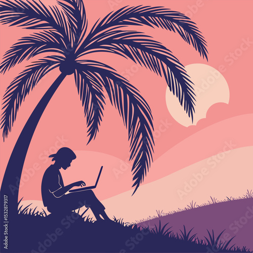 Silhouette of a digital nomad working on a laptop under a palm tree