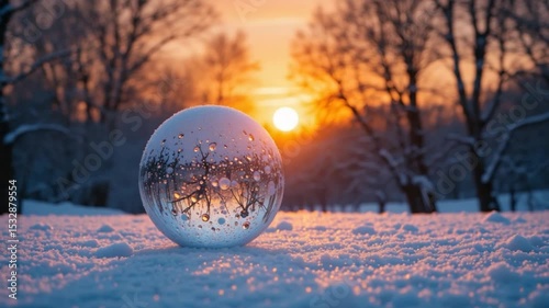 Beautiful Winter Scene with a Crystal Ball Reflecting the Sunset in a Snowy Landscape