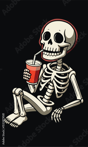 Cartoon skeleton enjoying a beverage relaxing against a black backdrop illustration