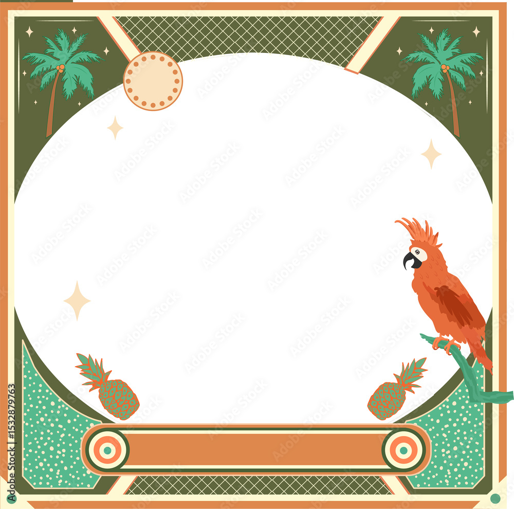 Naklejka premium Flat design frame is showing palms, pineapples and parrot on transparent background, copy space