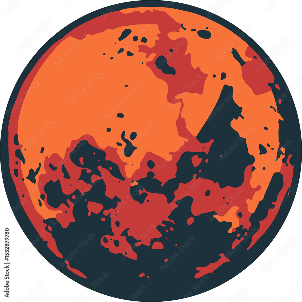 Fototapeta premium Stylized planet sphere is floating on transparent background, showing molten surface patches