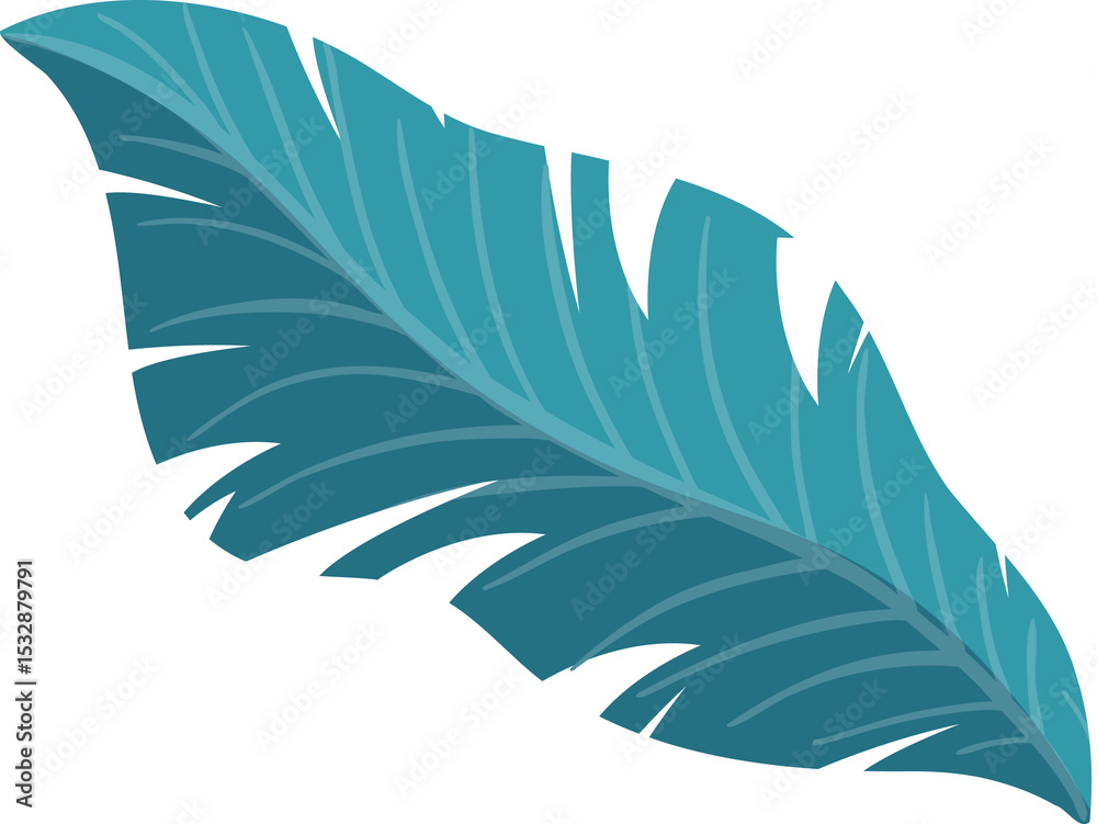 Fototapeta premium Stylized feather floating diagonally in flat design, showing teal barbs on transparent background