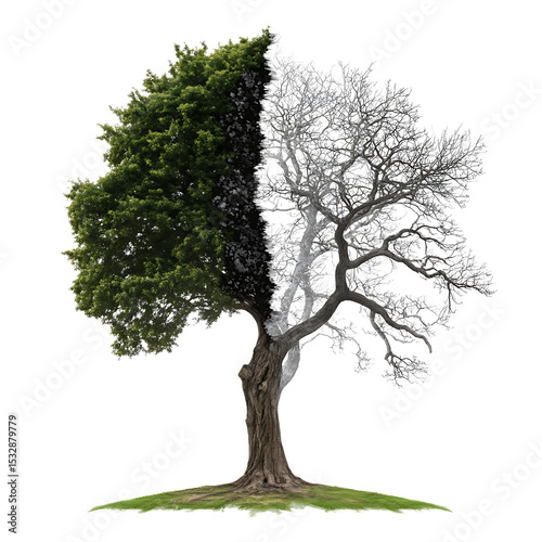 Half alive half dead tree concept representing life and death on isolated white