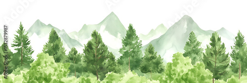 Watercolor forest landscape with mountains and trees vactor transparent background png