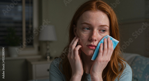 Young woman applying compress to face while experiencing tooth pain  
