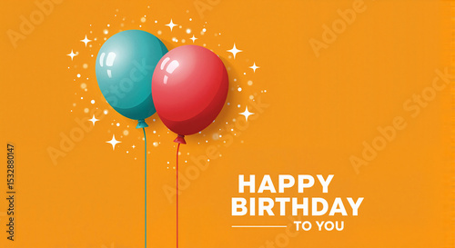 Colorful happy birthday balloons with text on orange background  