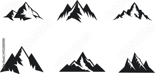  Simple black silhouette of  mountain peaks,  white background.