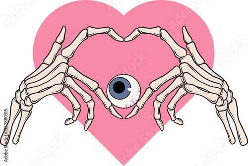 Fototapeta Naklejka Na Ścianę i Meble -  Flat art showing bone hands framing blue-iris, red-veined eyeball over pink heart on transparent bg